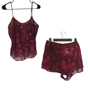 Vintage 90s sheer floral deep red lingerie pajama set size medium